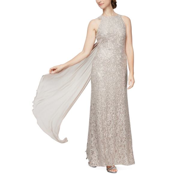 Alex Evenings Sequined Lace Draped Back Column Evening Gown Nude Brown Size 12 - Picture 11 of 13